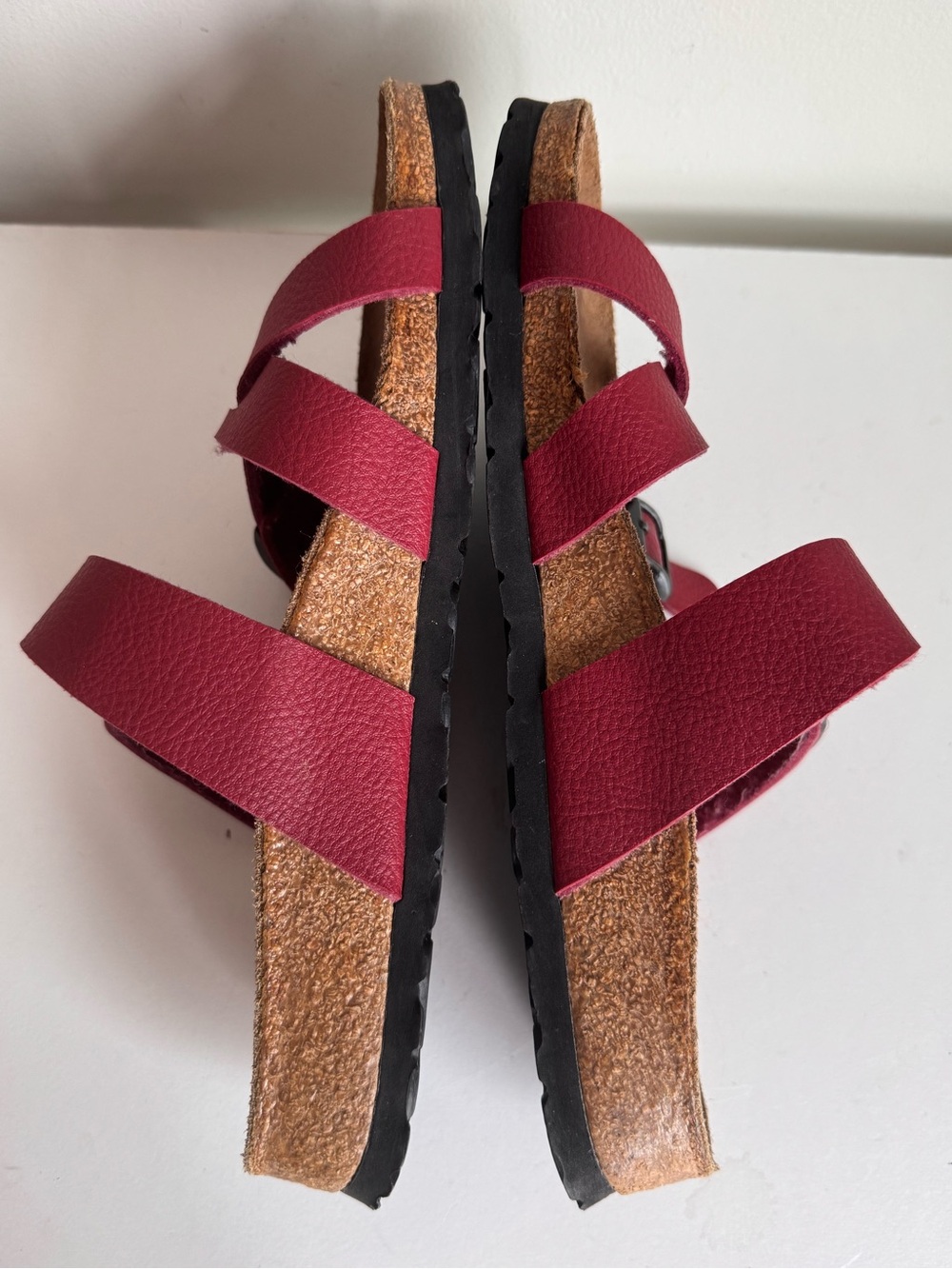 Birki’s Nepal Red Leather Dual Buckle Strap Cork Slide Sandals Unisex W8 M6 - Picture 6 of 8